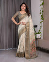 Cream & Gold Woven Ikat Silk Saree with Designer Border With Tassles
