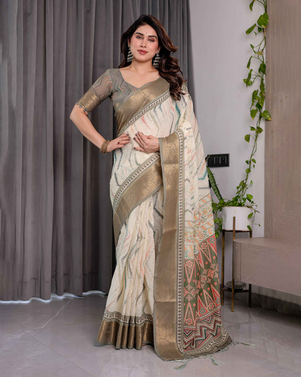 Cream & Gold Woven Ikat Silk Saree with Designer Border With Tassles