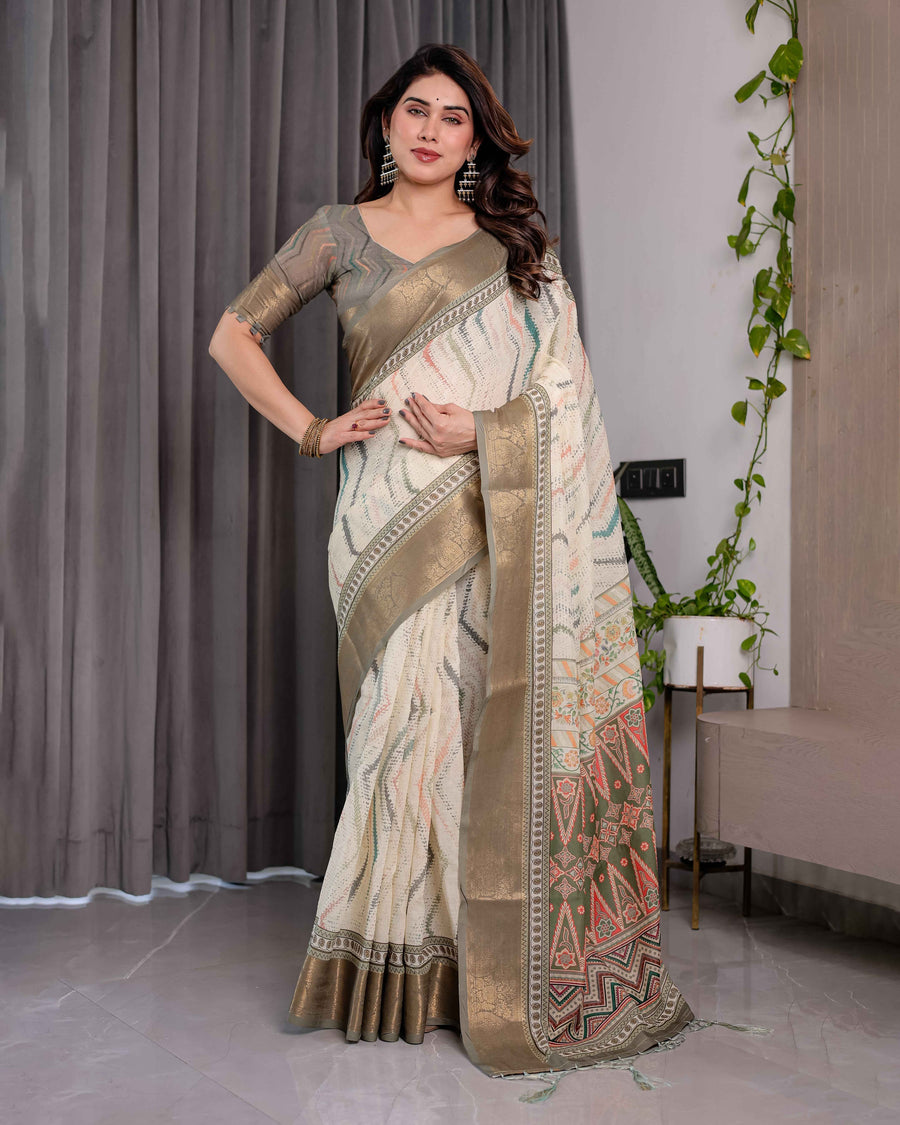 Cream & Gold Woven Ikat Silk Saree with Designer Border With Tassles