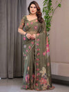 Olive Green Floral Printed Organza Saree with Multicolour Flower Motifs & Lace Border | Designer Lightweight Organza Saree with Attached Blouse Piece | Festive & Party Wear Saree