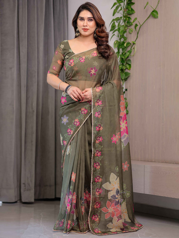 Olive Green Floral Printed Organza Saree with Multicolour Flower Motifs & Lace Border | Designer Lightweight Organza Saree with Attached Blouse Piece | Festive & Party Wear Saree