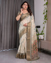 Cream & Gold Woven Ikat Silk Saree with Designer Border With Tassles