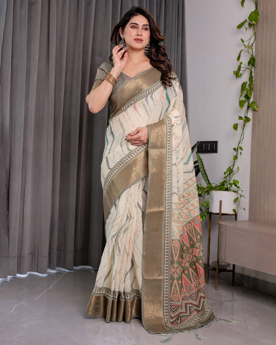 Cream & Gold Woven Ikat Silk Saree with Designer Border With Tassles