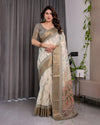 Cream & Gold Woven Ikat Silk Saree with Designer Border With Tassles