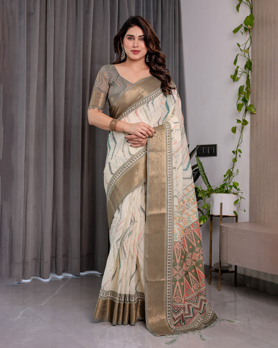 Cream & Gold Woven Ikat Silk Saree with Designer Border With Tassles