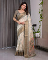 Cream & Gold Woven Ikat Silk Saree with Designer Border With Tassles