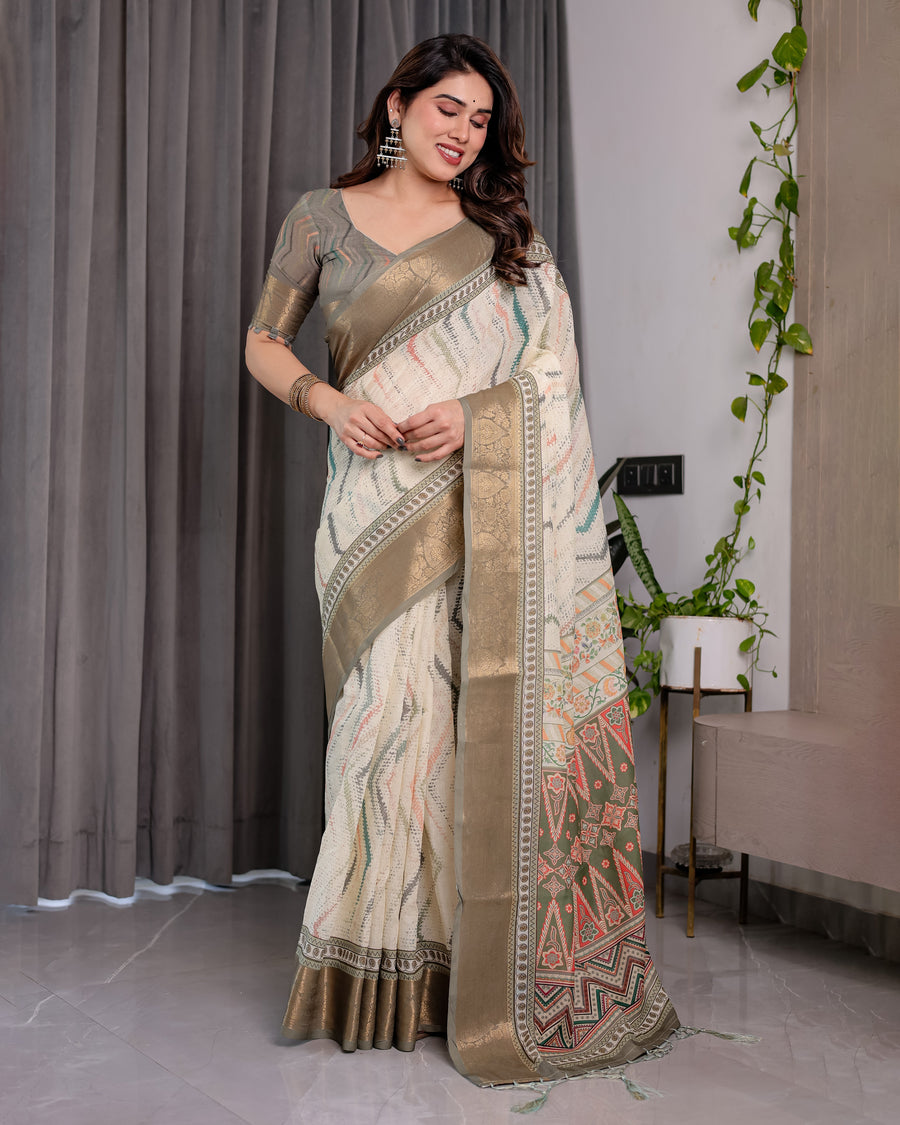 Cream & Gold Woven Ikat Silk Saree with Designer Border With Tassles