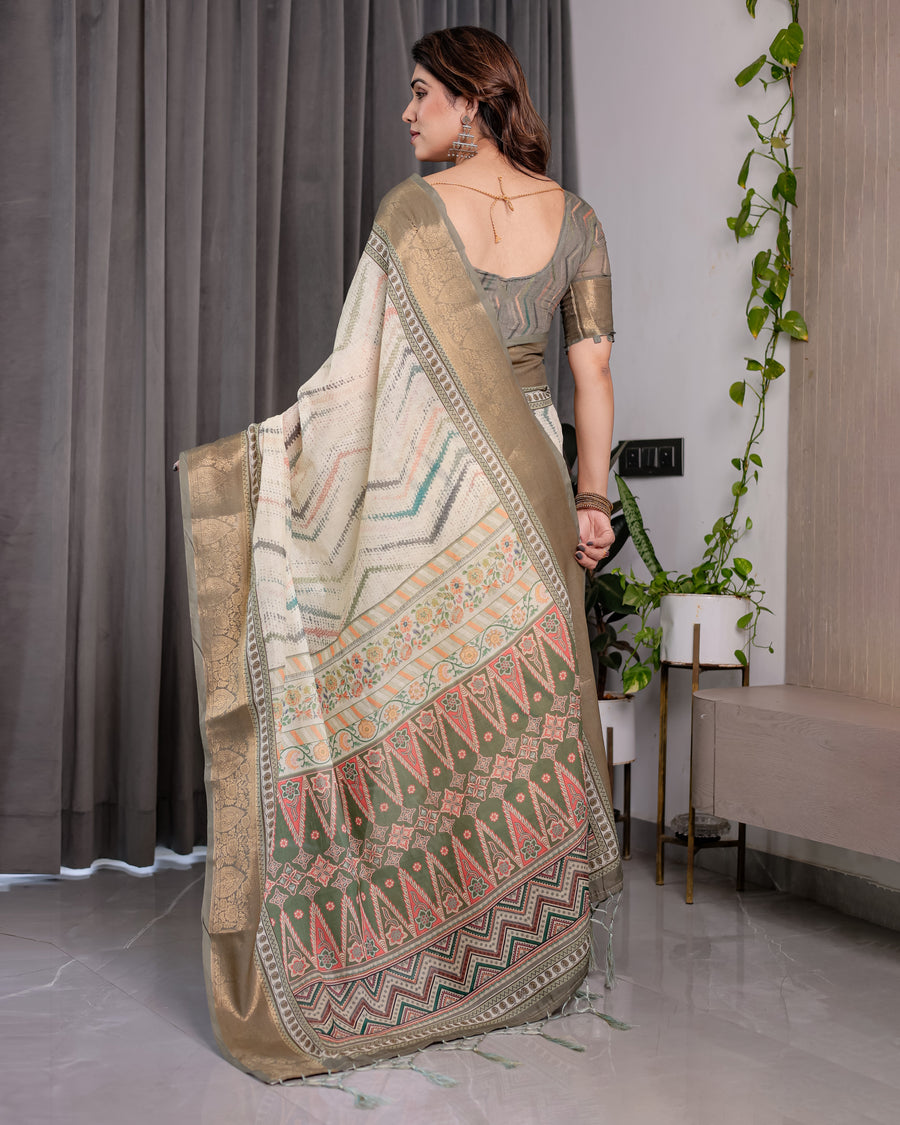 Cream & Gold Woven Ikat Silk Saree with Designer Border With Tassles