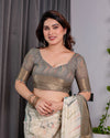 Cream & Gold Woven Ikat Silk Saree with Designer Border With Tassles