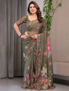 Olive Green Floral Printed Organza Saree with Multicolour Flower Motifs & Lace Border | Designer Lightweight Organza Saree with Attached Blouse Piece | Festive & Party Wear Saree
