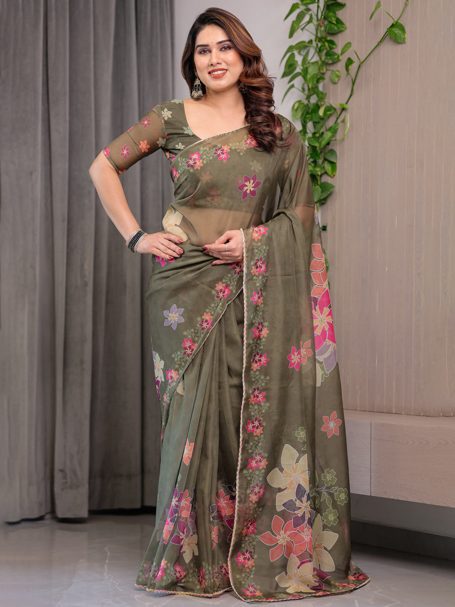 Olive Green Floral Printed Organza Saree with Multicolour Flower Motifs & Lace Border | Designer Lightweight Organza Saree with Attached Blouse Piece | Festive & Party Wear Saree