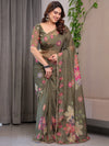Olive Green Floral Printed Organza Saree with Multicolour Flower Motifs & Lace Border | Designer Lightweight Organza Saree with Attached Blouse Piece | Festive & Party Wear Saree