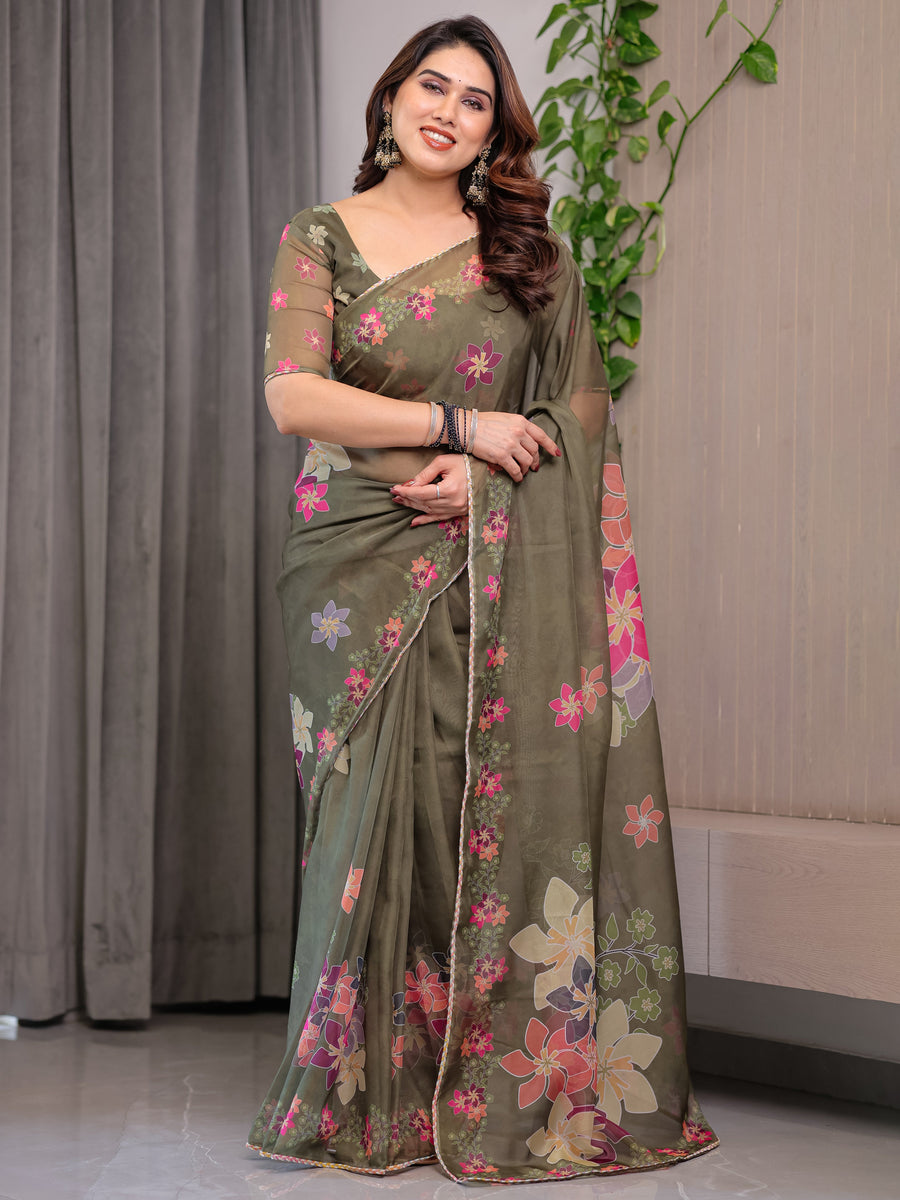 Olive Green Floral Printed Organza Saree with Multicolour Flower Motifs & Lace Border | Designer Lightweight Organza Saree with Attached Blouse Piece | Festive & Party Wear Saree