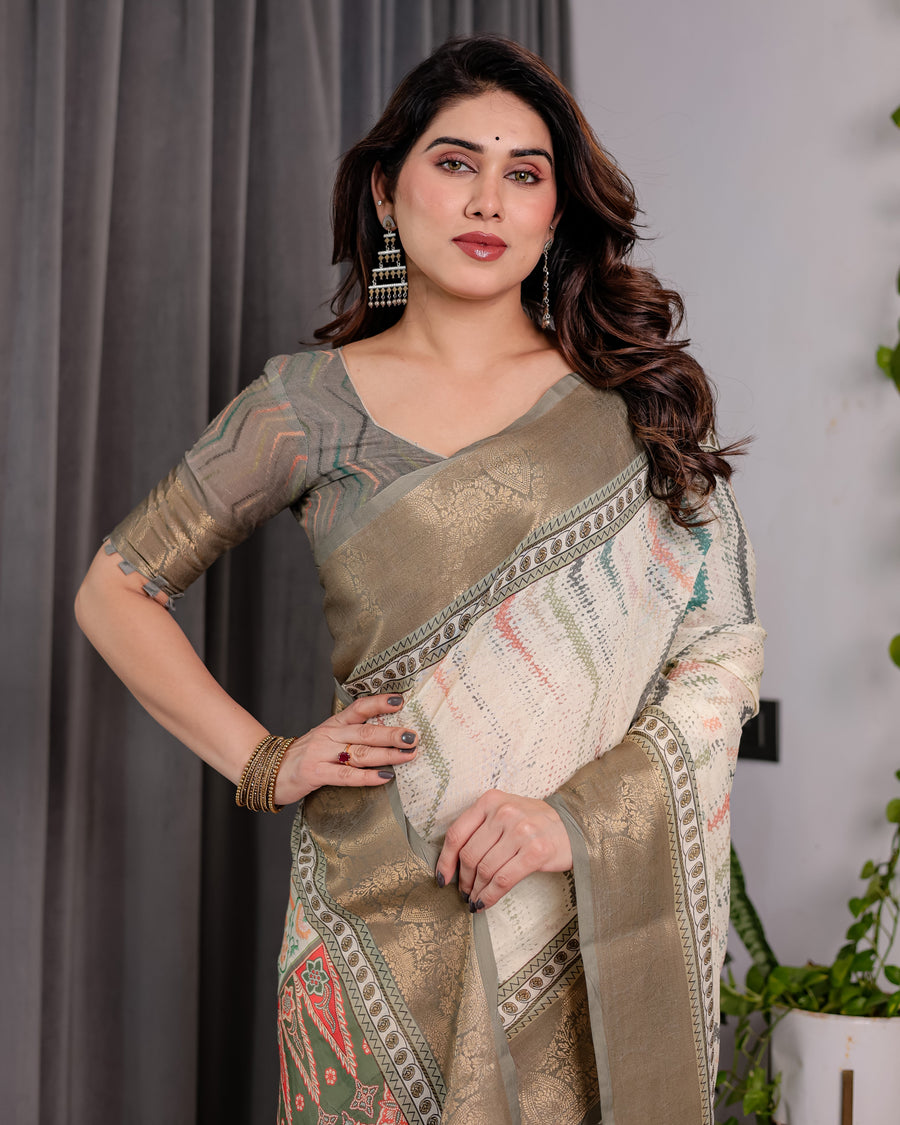 Cream & Gold Woven Ikat Silk Saree with Designer Border With Tassles