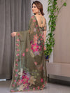 Olive Green Floral Printed Organza Saree with Multicolour Flower Motifs & Lace Border | Designer Lightweight Organza Saree with Attached Blouse Piece | Festive & Party Wear Saree