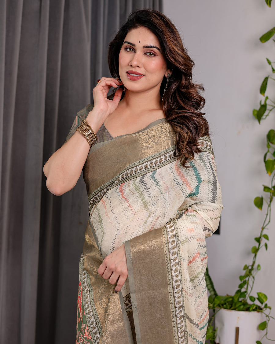 Cream & Gold Woven Ikat Silk Saree with Designer Border With Tassles