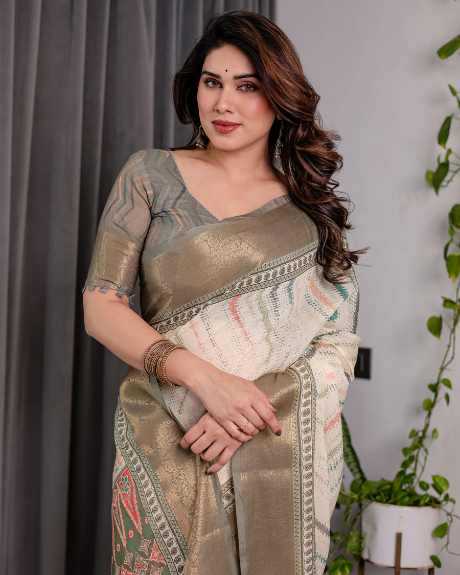Cream & Gold Woven Ikat Silk Saree with Designer Border With Tassles
