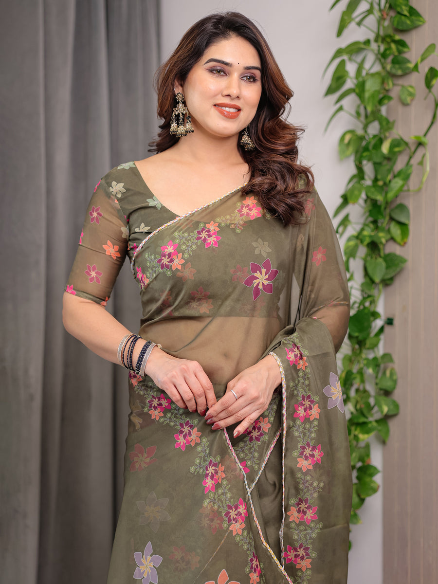 Olive Green Floral Printed Organza Saree with Multicolour Flower Motifs & Lace Border | Designer Lightweight Organza Saree with Attached Blouse Piece | Festive & Party Wear Saree