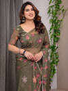 Olive Green Floral Printed Organza Saree with Multicolour Flower Motifs & Lace Border | Designer Lightweight Organza Saree with Attached Blouse Piece | Festive & Party Wear Saree