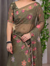 Olive Green Floral Printed Organza Saree with Multicolour Flower Motifs & Lace Border | Designer Lightweight Organza Saree with Attached Blouse Piece | Festive & Party Wear Saree