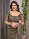 Olive Green Floral Printed Organza Saree with Multicolour Flower Motifs & Lace Border | Designer Lightweight Organza Saree with Attached Blouse Piece | Festive & Party Wear Saree