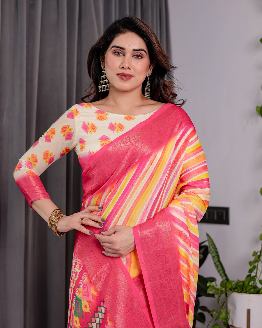 Multicolor Striped Handloom Linen Saree with Pink Geometric Pallu & Zari Border | 5.5m Saree + 0.8m Attached Blouse with Tassels