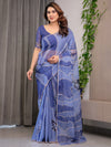 Steel Blue Printed Organza Saree with Abstract Wave Motifs & Multicolour Lace Border | Designer Lightweight Organza Saree with Attached Blouse Piece | Contemporary Festive Wear Saree
