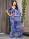 Steel Blue Printed Organza Saree with Abstract Wave Motifs & Multicolour Lace Border | Designer Lightweight Organza Saree with Attached Blouse Piece | Contemporary Festive Wear Saree