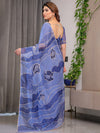 Steel Blue Printed Organza Saree with Abstract Wave Motifs & Multicolour Lace Border | Designer Lightweight Organza Saree with Attached Blouse Piece | Contemporary Festive Wear Saree