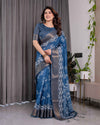 Indigo Blue Handloom Linen Saree with White Village & Tree Print Pallu | Zari Woven Border | 5.5m Saree + 0.8m Blouse | Pallu Tassels
