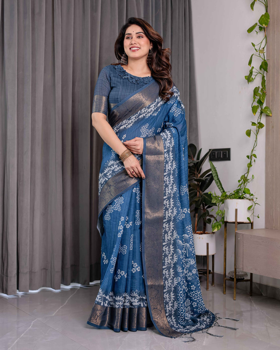Indigo Blue Handloom Linen Saree with White Village & Tree Print Pallu | Zari Woven Border | 5.5m Saree + 0.8m Blouse | Pallu Tassels