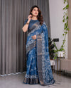 Indigo Blue Handloom Linen Saree with White Village & Tree Print Pallu | Zari Woven Border | 5.5m Saree + 0.8m Blouse | Pallu Tassels