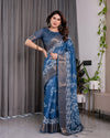 Indigo Blue Handloom Linen Saree with White Village & Tree Print Pallu | Zari Woven Border | 5.5m Saree + 0.8m Blouse | Pallu Tassels