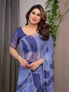 Steel Blue Printed Organza Saree with Abstract Wave Motifs & Multicolour Lace Border | Designer Lightweight Organza Saree with Attached Blouse Piece | Contemporary Festive Wear Saree