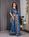 Indigo Blue Handloom Linen Saree with White Village & Tree Print Pallu | Zari Woven Border | 5.5m Saree + 0.8m Blouse | Pallu Tassels