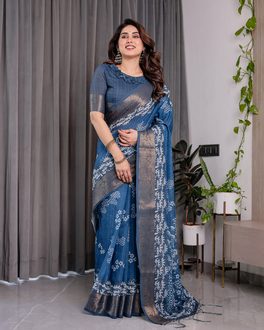 Indigo Blue Handloom Linen Saree with White Village & Tree Print Pallu | Zari Woven Border | 5.5m Saree + 0.8m Blouse | Pallu Tassels