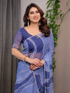 Steel Blue Printed Organza Saree with Abstract Wave Motifs & Multicolour Lace Border | Designer Lightweight Organza Saree with Attached Blouse Piece | Contemporary Festive Wear Saree