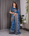 Indigo Blue Handloom Linen Saree with White Village & Tree Print Pallu | Zari Woven Border | 5.5m Saree + 0.8m Blouse | Pallu Tassels