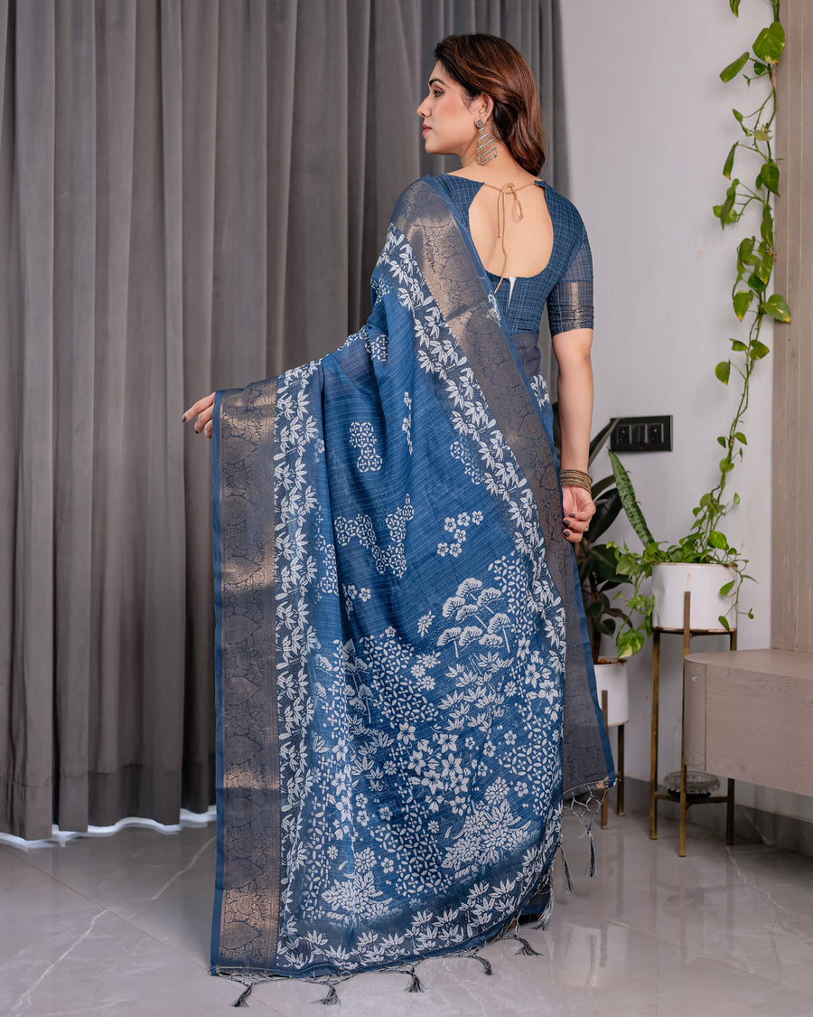 Indigo Blue Handloom Linen Saree with White Village & Tree Print Pallu | Zari Woven Border | 5.5m Saree + 0.8m Blouse | Pallu Tassels