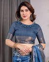 Indigo Blue Handloom Linen Saree with White Village & Tree Print Pallu | Zari Woven Border | 5.5m Saree + 0.8m Blouse | Pallu Tassels