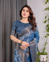 Indigo Blue Handloom Linen Saree with White Village & Tree Print Pallu | Zari Woven Border | 5.5m Saree + 0.8m Blouse | Pallu Tassels