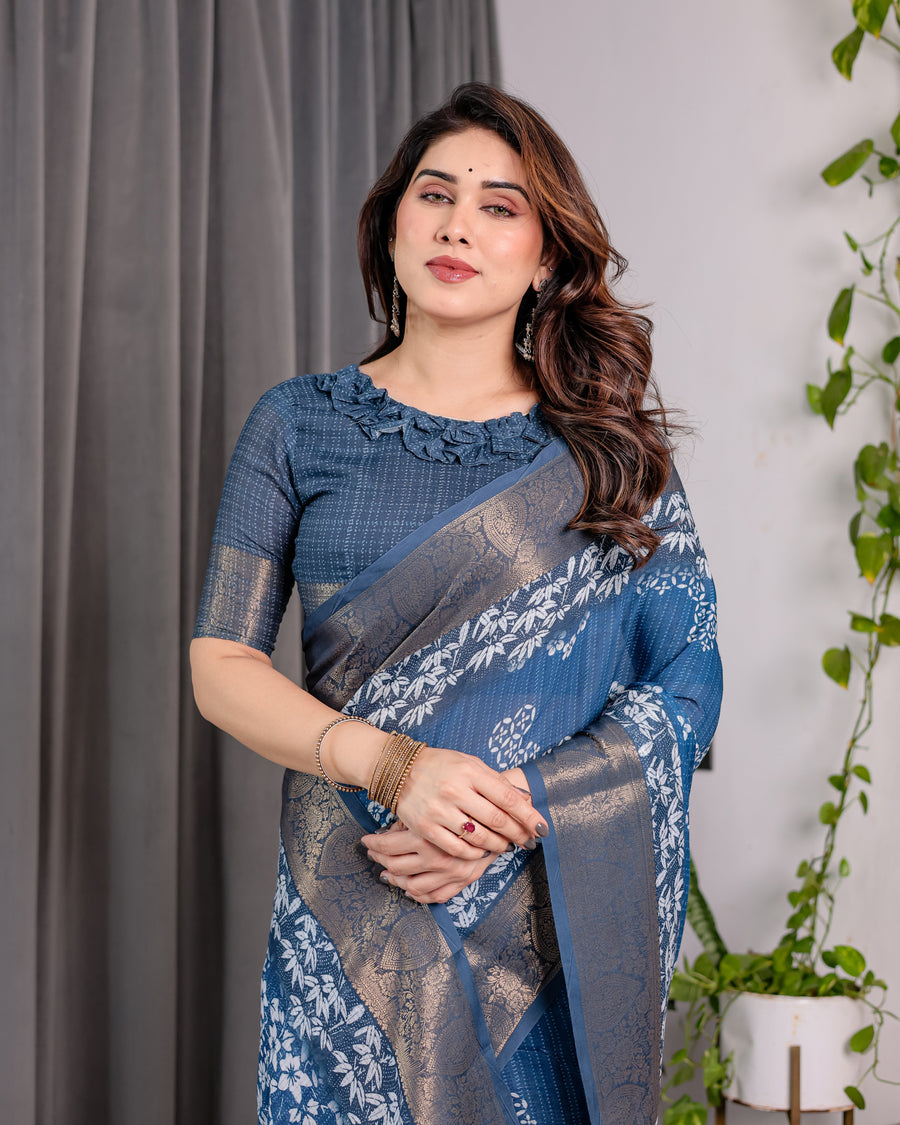 Indigo Blue Handloom Linen Saree with White Village & Tree Print Pallu | Zari Woven Border | 5.5m Saree + 0.8m Blouse | Pallu Tassels