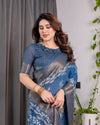 Indigo Blue Handloom Linen Saree with White Village & Tree Print Pallu | Zari Woven Border | 5.5m Saree + 0.8m Blouse | Pallu Tassels