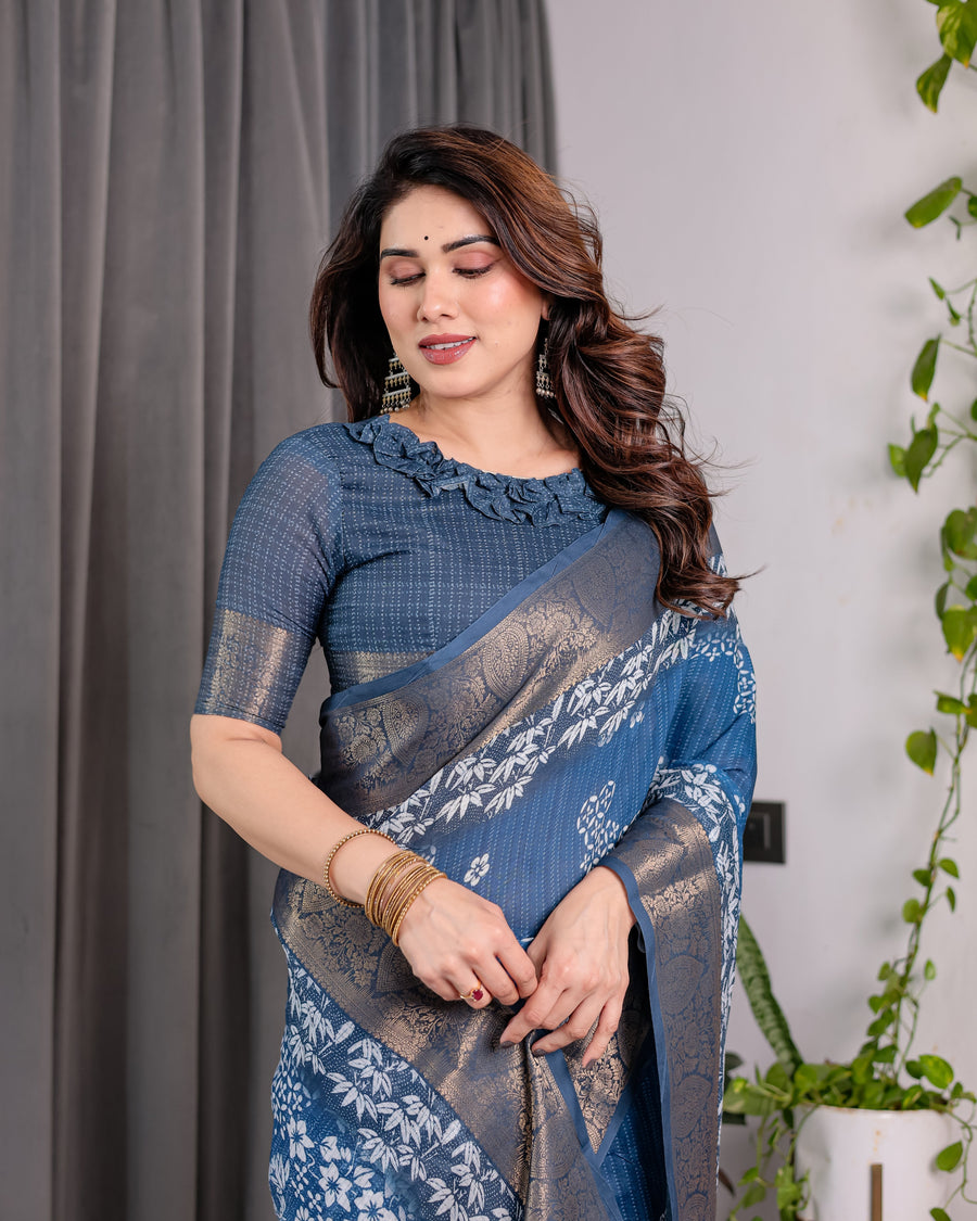 Indigo Blue Handloom Linen Saree with White Village & Tree Print Pallu | Zari Woven Border | 5.5m Saree + 0.8m Blouse | Pallu Tassels