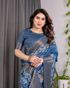 Indigo Blue Handloom Linen Saree with White Village & Tree Print Pallu | Zari Woven Border | 5.5m Saree + 0.8m Blouse | Pallu Tassels