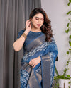 Indigo Blue Handloom Linen Saree with White Village & Tree Print Pallu | Zari Woven Border | 5.5m Saree + 0.8m Blouse | Pallu Tassels