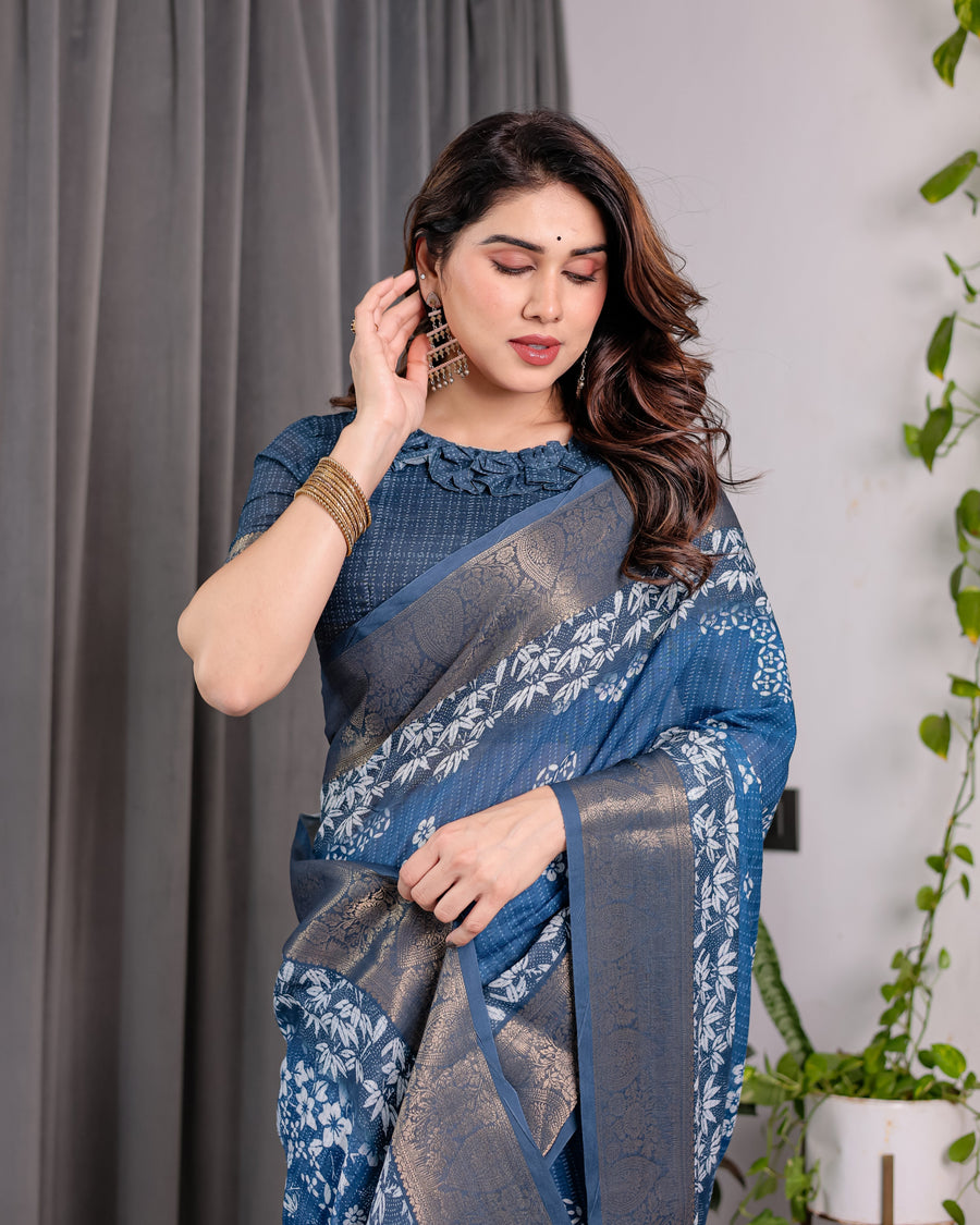 Indigo Blue Handloom Linen Saree with White Village & Tree Print Pallu | Zari Woven Border | 5.5m Saree + 0.8m Blouse | Pallu Tassels