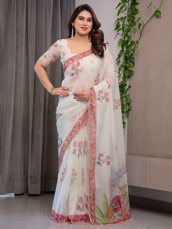 Ivory White Designer Organza Saree with Royal Elephant & Camel Motifs | Floral Printed Lightweight Organza Saree with Attached Blouse | Festive & Ethnic Wear Saree