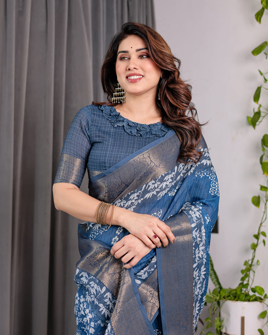 Indigo Blue Handloom Linen Saree with White Village & Tree Print Pallu | Zari Woven Border | 5.5m Saree + 0.8m Blouse | Pallu Tassels