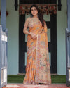Sunny Mustard with Floral Motifs Linen Cotton Handloom Printed Saree, Delicate Borders, and Tassels